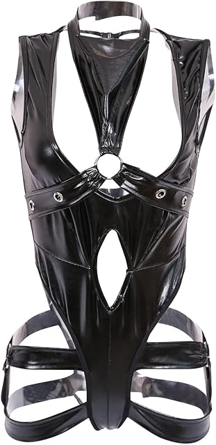 Womens One-piece Metallic PVC Leather Halter Neck Cut Out Leotard Shiny Bodysuit Sexy Jumpsuit Club Nightwear