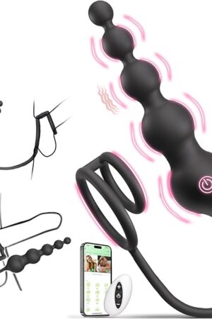Anal Beads Couples Male Adult Sex Toys - Vibrating Anal Butt Plug with Cock Ring, Strap On Anal Dildo, Remote Control APP Prostate Massager Penis Ring Vibrator with 9 Vibrations, HNNPY Sex Toy for Men