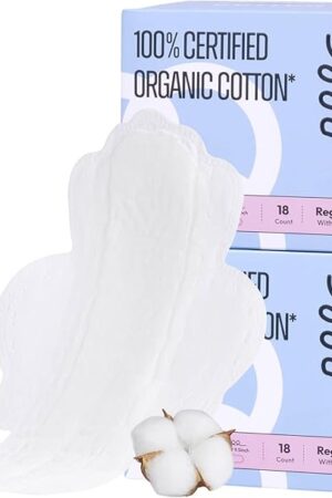 100% Organic Pads for Women, Organic Cotton Cover Pad - Regular Absorbency, Unscented, Ultra Thin Pads with Wings for Women (Regular, Size 3, 36 Count)