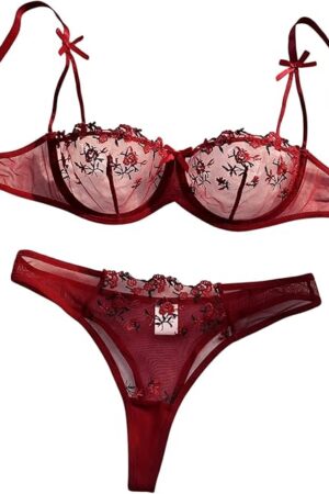 Women's 2 Piece Floral Embroidered Lingerie Mesh Sheer Underwire Bra and Thong Set