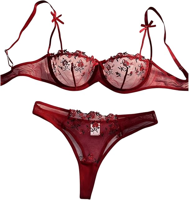 Women's 2 Piece Floral Embroidered Lingerie Mesh Sheer Underwire Bra and Thong Set