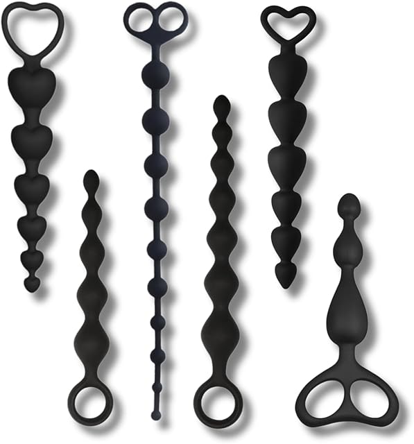 Anal Training Set 6 PCS Combo Set Anal Plug Anal Beads Size Range from Small to Medium Variant Bead Shape Combination 6 Types Silicone Anal Beads Butt Plug with Pull Ring Sex Toy