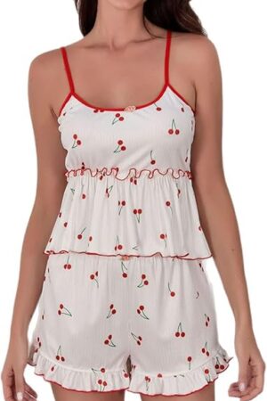 Cherry Print Pajamas for Women Set 2 Piece Sexy Ruffle Cami Tops and Shorts Sleepwear Summer Lounge Pjs Sets