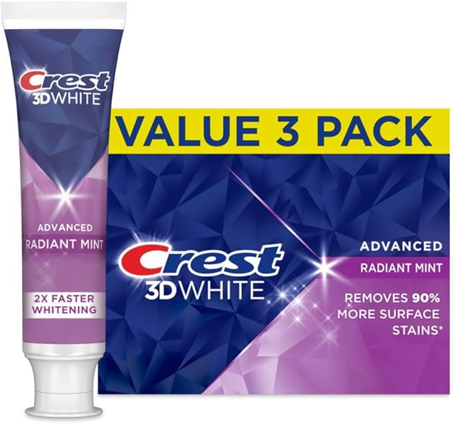 Crest 3D White Advanced Teeth Whitening Toothpaste, Crest 3D White Brilliance Toothpaste, Radiant Mint, 33 oz, Pack of 3