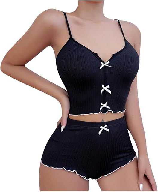 Women's Ribbed Knit Cami Pajamas Sets Shorts Sleepwear Sexy Pjs Sets Summer Nightwear Loungewear