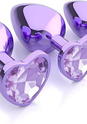 3 Pcs Metal Jeweled Butt Plug Set ? Colorful Heart Shaped Anal Trainer Kit for Beginner, Women, Men, Couples ? G Spot Adult Sex Toys, Luxury Anal Beads for S&M and Gay Play(Purple)