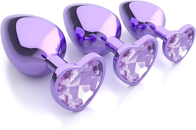 3 Pcs Metal Jeweled Butt Plug Set ? Colorful Heart Shaped Anal Trainer Kit for Beginner, Women, Men, Couples ? G Spot Adult Sex Toys, Luxury Anal Beads for S&M and Gay Play(Purple)