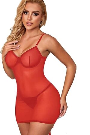 Womens Babydoll Lingerie Chemise Strappy Plus Size Exotic Nightgowns Sexy Mesh Sheer Nightwear Teddy Dress