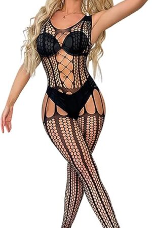 Women Sexy Lingerie Suspender Straps Hollowed Out Mesh Clothing Fishnet Bodysuit See Through Backless Silk Stockings
