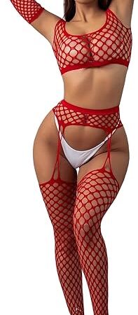 Women sexy mesh red lingerie, fishing net doll outfit, one size fits all jumpsuit, see through shirt, long sleeved three piece set