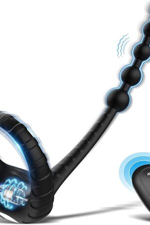 Vibrating Cock Ring with Anal Beads Butt Plug, Sex Toys for Men Couples, 3 in 1 Silicone Penis Ring with 10 Vibration Remote Control Male Penis & Anal Prostate Vibrator Anal Toys for Men Gay Play