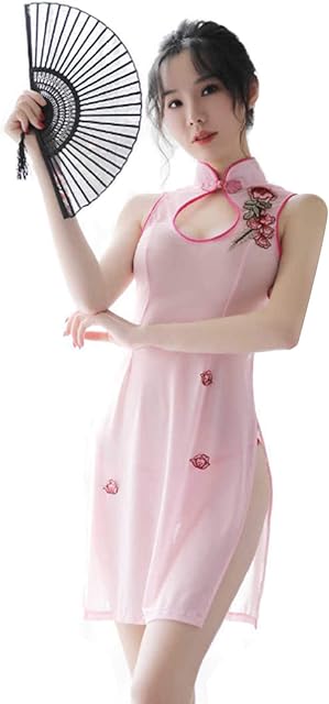 Womens Sexy Mesh Cheongsam Lingerie Dress High Split Nightgown Embroidery Babydoll Chemise (Sweet Pink)