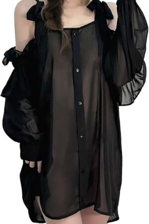Women Sexy Nightgown Off Shoulder Long Sleeve Chemise Lingerie Button Down Sleep Shirt Cover Up Sheer Pajama Dress