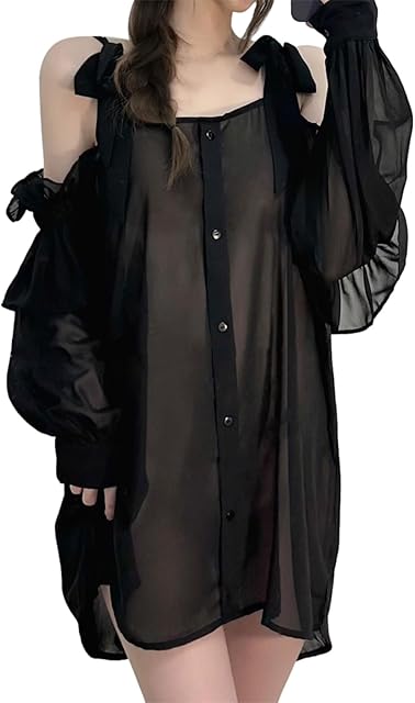 Women Sexy Nightgown Off Shoulder Long Sleeve Chemise Lingerie Button Down Sleep Shirt Cover Up Sheer Pajama Dress