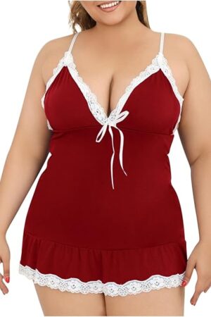 Womens Spaghetti Strap Plunge V Neck Lingerie Sexy Lace Trim Ruffle Hem Nightgown Stretch Loungewear House Dress