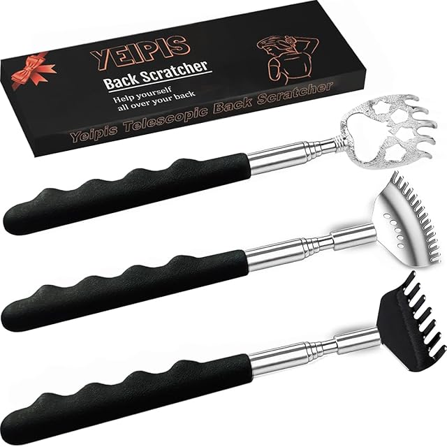 3 Pack Different Back Scratcher Metal Portable Telescoping with Rubber Handles, Extendable Back Massager Tool with Beautiful Box, Stocking Stuffers for Men Women Kids Adults (Black)