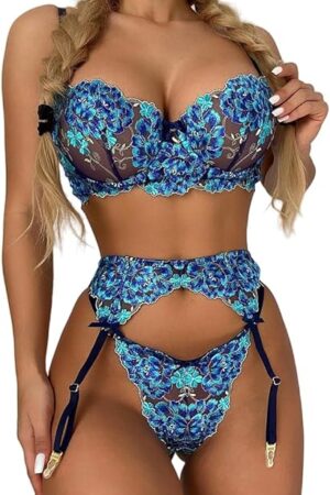 Women's Sexy Lace Lingerie Set Exquisite 4 Piece Sets Chain Floral Embroidered Bra G-String S-2XL