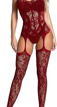 Women Fishnet Bodystocking Attached Stockings Sexy Lingerie Crotchless Bodysuit One Piece Babydoll One Size