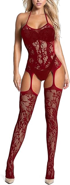 Women Fishnet Bodystocking Attached Stockings Sexy Lingerie Crotchless Bodysuit One Piece Babydoll One Size