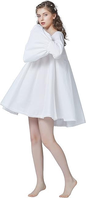 Women Victorian Cotton Nightie Short Nightgown Oversized A-Line Baby Doll Dress Pajamas