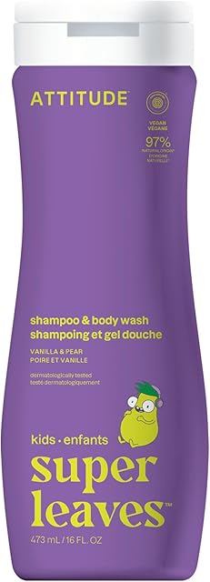 ATTITUDE Shampoo and Body Wash for Kids, EWG Verified Hair and Body Cleanser, Dermatologically Tested Soap, Plant and Mineral Based Bath Products, Vegan, Vanilla & Pear, 16 Fl Oz