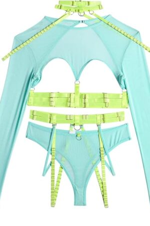 Women's Linked Harness Garter Belt Lingerie Set Long Sleeve Mesh See Through Teddy Babydoll with Choker 3Pc Bodysuit