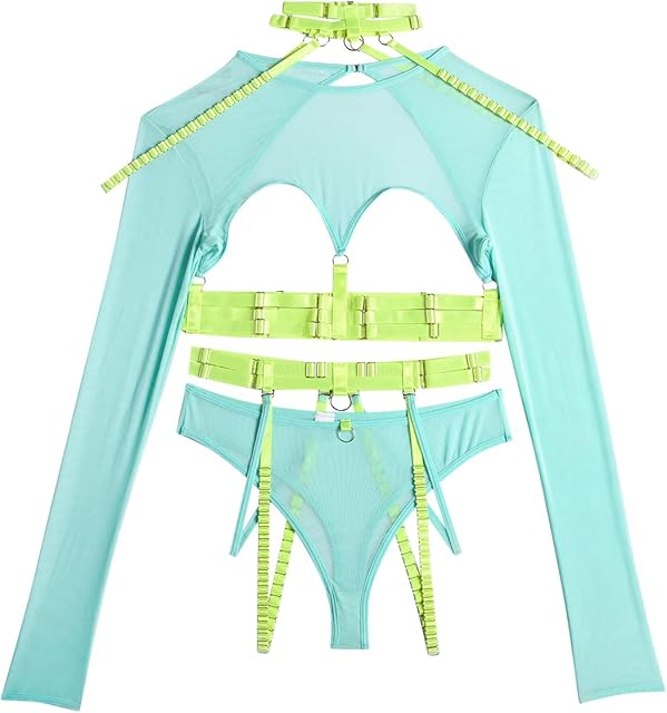 Women's Linked Harness Garter Belt Lingerie Set Long Sleeve Mesh See Through Teddy Babydoll with Choker 3Pc Bodysuit