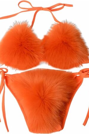 Women's Bikini Sets Fake Fox Fur Triangle Two Piece Swimsuit Tie Side Sexy Swimwear