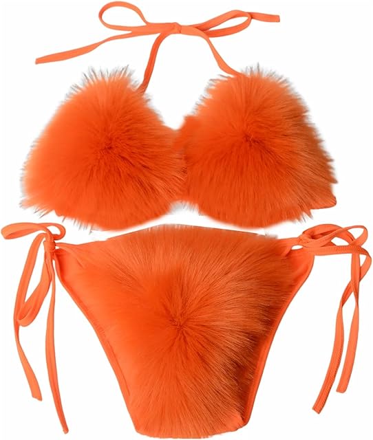 Women's Bikini Sets Fake Fox Fur Triangle Two Piece Swimsuit Tie Side Sexy Swimwear
