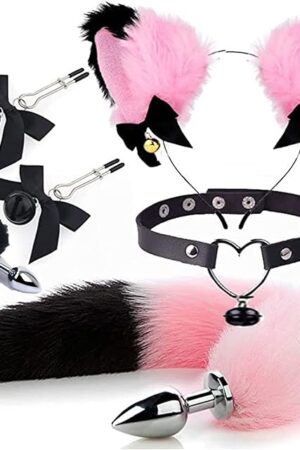 Anal Plug Butt Plug, 6Pcs/Set Sex Fox Tail Anales Plug Toys Butt Plugs with Cat Ears Headband and Necklace Metal Anal Sex Toys for Women Man Beginners Adult Couples