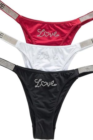 Women's 3 Pack Glitter Rhinestone Letter Print Thong Panties Low Rise Seamless Briefs Underwear