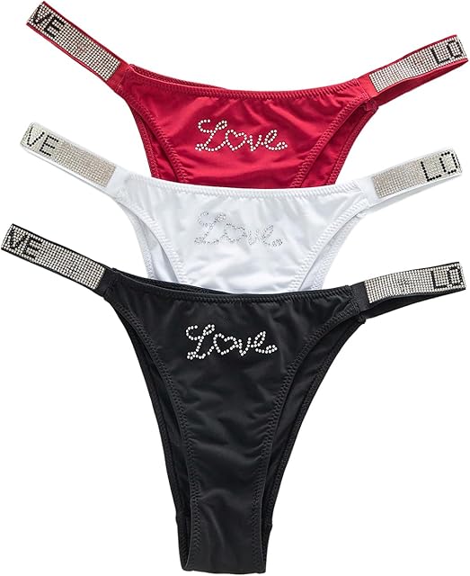 Women's 3 Pack Glitter Rhinestone Letter Print Thong Panties Low Rise Seamless Briefs Underwear