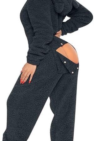 Women's Sherpa Onesie Pajamas Fleece Valentines One Piece Romper Cute Ear Hooded Jumpsuit Christmas Sleepwear