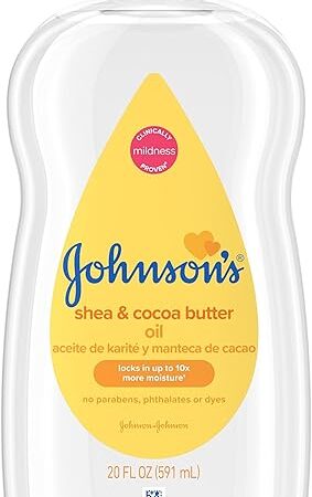 Johnson's Baby Oil, Mineral Oil Enriched with Shea & Cocoa Butter to Prevent Moisture Loss, Hypoallergenic, 20 fl oz