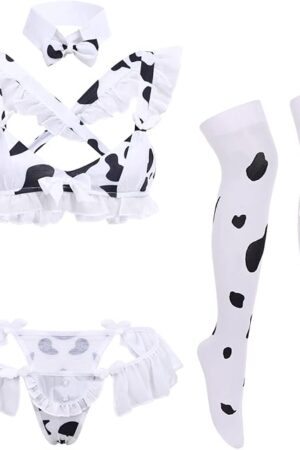 Women's Sexy Anime Cow Maid Costume Teddy Lingerie Set Lolita Japanese Cosplay Mini Bikini Bra Underwear Kawaii Outfit