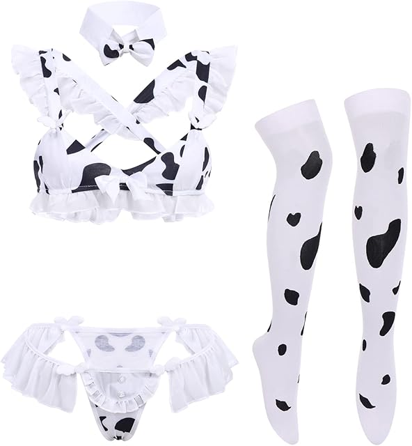Women's Sexy Anime Cow Maid Costume Teddy Lingerie Set Lolita Japanese Cosplay Mini Bikini Bra Underwear Kawaii Outfit