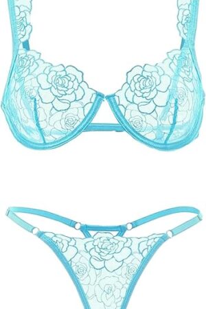 Women Sexy Floral Embroidered Mesh Sheer Underwire Push Up Lingerie Set