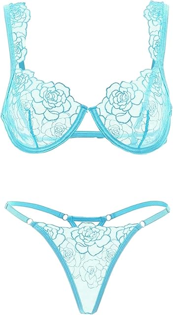 Women Sexy Floral Embroidered Mesh Sheer Underwire Push Up Lingerie Set