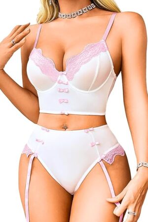 Women's Sexy Christmas Lingerie, Santa Claus Costume Outfit, Corset Garter High Waisted Bow Bustier Bra And Panty Set