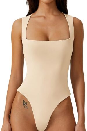 Womens Sexy Square Neck Bodysuit Sleeveless Double Lined T Shirt Tops