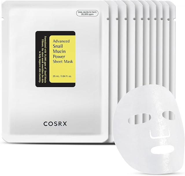 COSRX Snail Mucin Sheet Mask 10 EA with Snail Mucin Serum, Self Care, Face Masks for Dry, Sensitive Skin, Not Tested on Animals, No Parabens, No Sulfates, Korean Skin Care