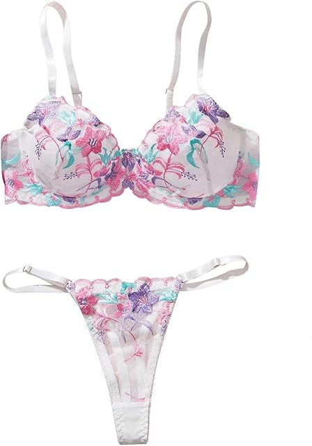 Women's Sexy Lingerie Floral Embroidery Mesh Push Up Bra and Panty Thongs Underwear 2 Piece Set