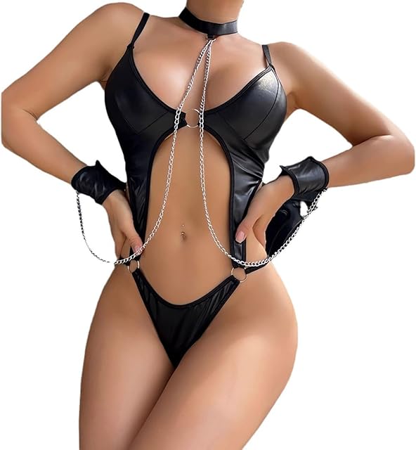 Women Metal Chain Halter Choker Sexy Lingerie, Teddy Patent Leather Backless Handcuffs Bodysuit Tummy Control Leotard