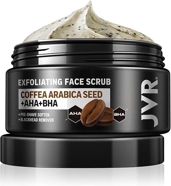 JVR Face Scrub for Men, Facial Scrub for Deep Exfoliating, Cleansing, Removing Blackheads, Ingrown Hair, Pre-shave Soften, Organic Formulated with Coffee Extract, AHA and BHA Face Exfoliator (423 oz)