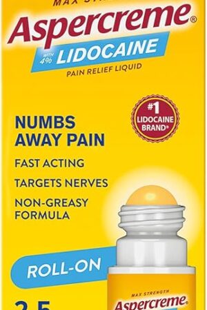Aspercreme Odor Free Max Strength Lidocaine Pain Relief Liquid with Roll-On No Mess Applicator, 25 oz
