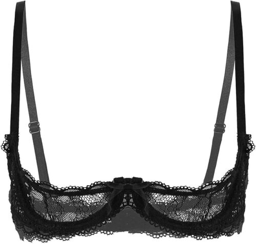 Womens Sheer Mesh Sexy 1/4 Cups Lace Balconette Bra Underwire Push Up Shelf Bralette Tops Lingerie