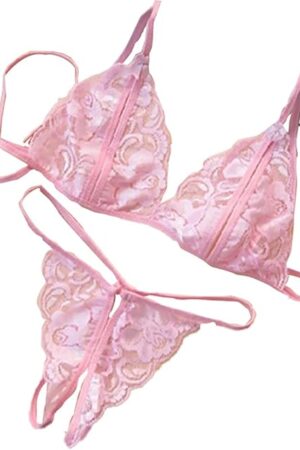 Women's sexy lace transparent open gear three-point erotic lingerie open crotch set