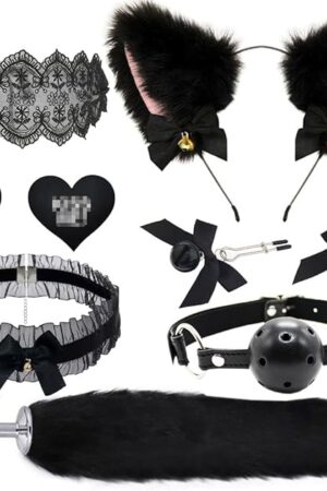 Fox Animal Costume Set Furry Ear Headband Bunny Fox Tail Anal Plug Lace Choker Necklace Nipple Breast Clamp Clip Cat Claw Socks Valentines Day Cosplay