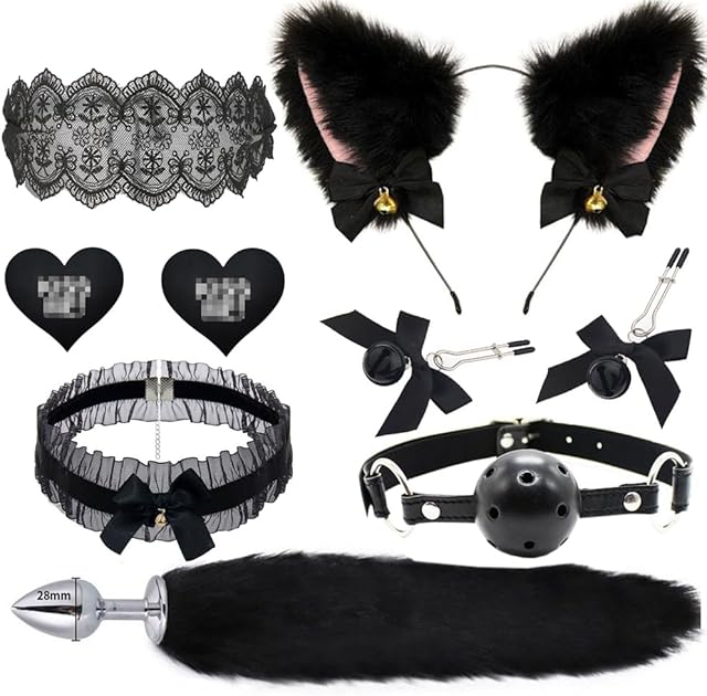 Fox Animal Costume Set Furry Ear Headband Bunny Fox Tail Anal Plug Lace Choker Necklace Nipple Breast Clamp Clip Cat Claw Socks Valentines Day Cosplay