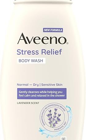 Aveeno Stress Relief Body Wash with Nourishing Oat & Lavender Scent for Sensitive Skin, Gently Cleanses & Helps You Feel Calm & Relaxed in the Shower, Soap-Free, 18 fl oz